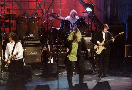 File of Led Zepplin performing together during introduction ceremonies for the Rock and Roll Hall of Fame in New York
