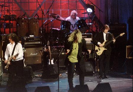 File of Led Zepplin performing together during introduction ceremonies for the Rock and Roll Hall of Fame in New York