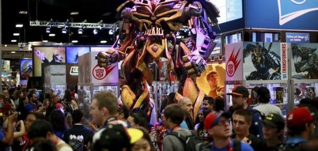A Transformers statue stands on display at the Hasbro booth during the 2014 Comic-Con International Convention in San Diego