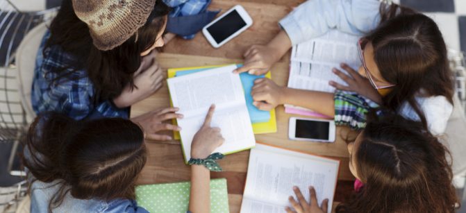 Group of happy girls studying