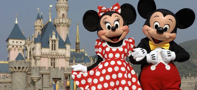 HONG KONG - SEPTEMBER 1: (EDITORIAL USE ONLY)  In this handout photo provided by Disney, Mickey and Minnie Mouse are seen in front of the Sleeping Beauty Castle at the new Disneyland Park on September 1, 2005 in Hong Kong.  The new theme park and vacation resort will officially open September 12.   (Photo by Mark Ashman/Disney via Getty Images)