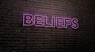 BELIEFS -Realistic Neon Sign on Brick Wall background - 3D rendered royalty free stock image. Can be used for online banner ads and direct mailers.