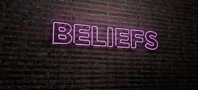 BELIEFS -Realistic Neon Sign on Brick Wall background - 3D rendered royalty free stock image. Can be used for online banner ads and direct mailers.