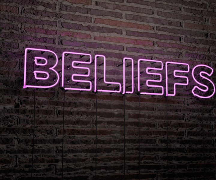 BELIEFS -Realistic Neon Sign on Brick Wall background - 3D rendered royalty free stock image. Can be used for online banner ads and direct mailers.