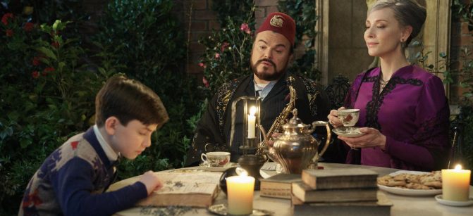 Magic is just a passing fez: Lewis (Owen Vaccaro), Uncle Jonathan (Jack Black) and Mrs. Zimmerman (Cate Blanchett) in The House with a Clock in its Walls.