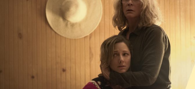 Laurie Strode (Jamie Lee Curtis) tries to protect her daughter Karen (Judy Greer) in "Halloween." Jamie Lee Curtis returns to her iconic role as Laurie Strode, who comes to her final confrontation with Michael Myers, the masked figure who has haunted her since she narrowly escaped his killing spree on Halloween night four decades ago.