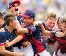 Aug 28, 2016; Williamsport, PA, USA; Mid-Atlantic Region players celebrate after beating the Asia-Pacific Region 2-1 during the championship game of the 2016 Little League World Series at Howard J. Lamade Stadium. Mandatory Credit: Evan Habeeb-USA TODAY Sports  / Reuters 
Picture Supplied by Action Images *** Local Caption *** 2016-08-28T213917Z_153068010_NOCID_RTRMADP_3_BASEBALL-LITTLE-LEAGUE-WORLD-SERIES-ASIA-PACIFIC-REGION-VS-MID-ATLANTIC-REGION.JPG - MT1ACI14592148