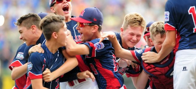 Aug 28, 2016; Williamsport, PA, USA; Mid-Atlantic Region players celebrate after beating the Asia-Pacific Region 2-1 during the championship game of the 2016 Little League World Series at Howard J. Lamade Stadium. Mandatory Credit: Evan Habeeb-USA TODAY Sports  / Reuters 
Picture Supplied by Action Images *** Local Caption *** 2016-08-28T213917Z_153068010_NOCID_RTRMADP_3_BASEBALL-LITTLE-LEAGUE-WORLD-SERIES-ASIA-PACIFIC-REGION-VS-MID-ATLANTIC-REGION.JPG - MT1ACI14592148