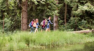 Teenagers with backpacks hiking in forest. Summer vacation adventure.