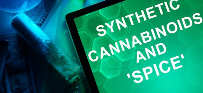 Tablet with the words Synthetic cannabinoids and Spice.