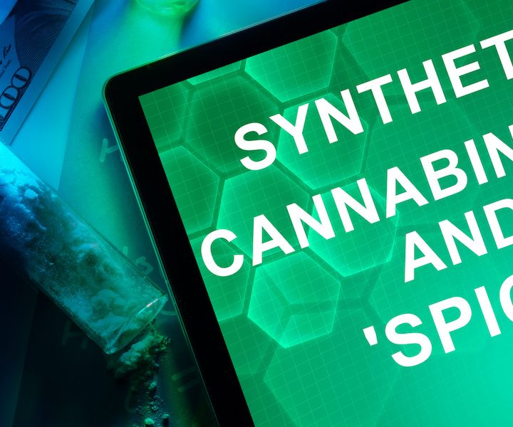 Tablet with the words Synthetic cannabinoids and Spice.