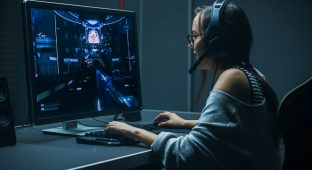 Beautiful Professional Gamer Girl Playing in First-Person Shooter Online Video Game on Her Personal Computer. Casual Cute Geek Girl Wearing Headset. In the Underground Gaming Club.